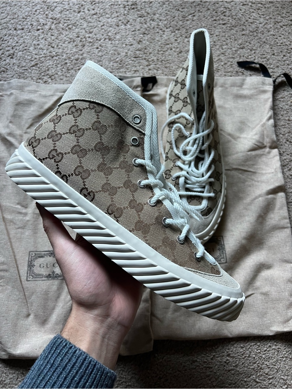 Gucci Beige GG Canvas High-Top Sneakers with Suede Trim